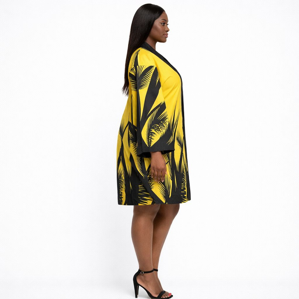 Yellow and Black Printed Loose Fit Kimono Top